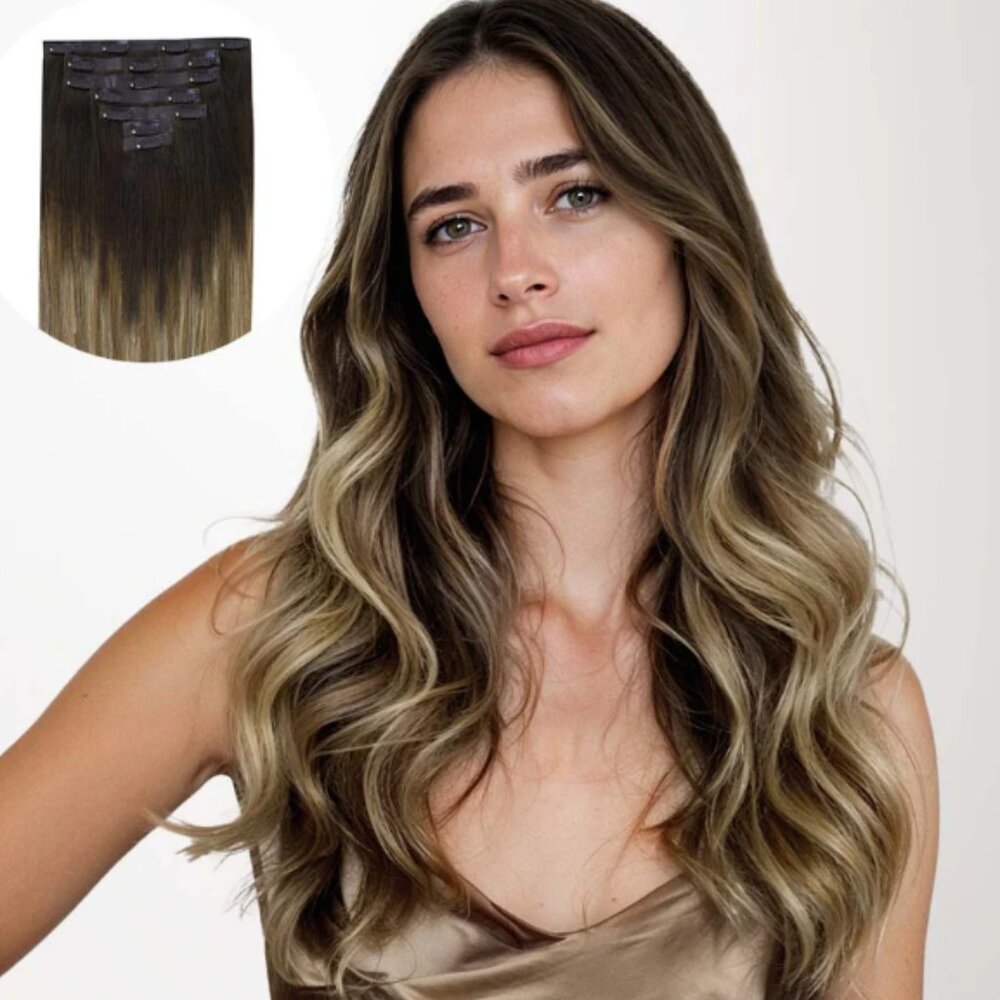 100% Remy Human Hair Clip In Hair Extensions 18" Beachy Wave Dirty Blonde Ombre